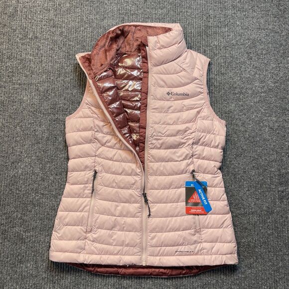 Columbia Women's Size Small White Out Puffer Omni Heat Full Zip Vest Pink NEW - Picture 1 of 10
